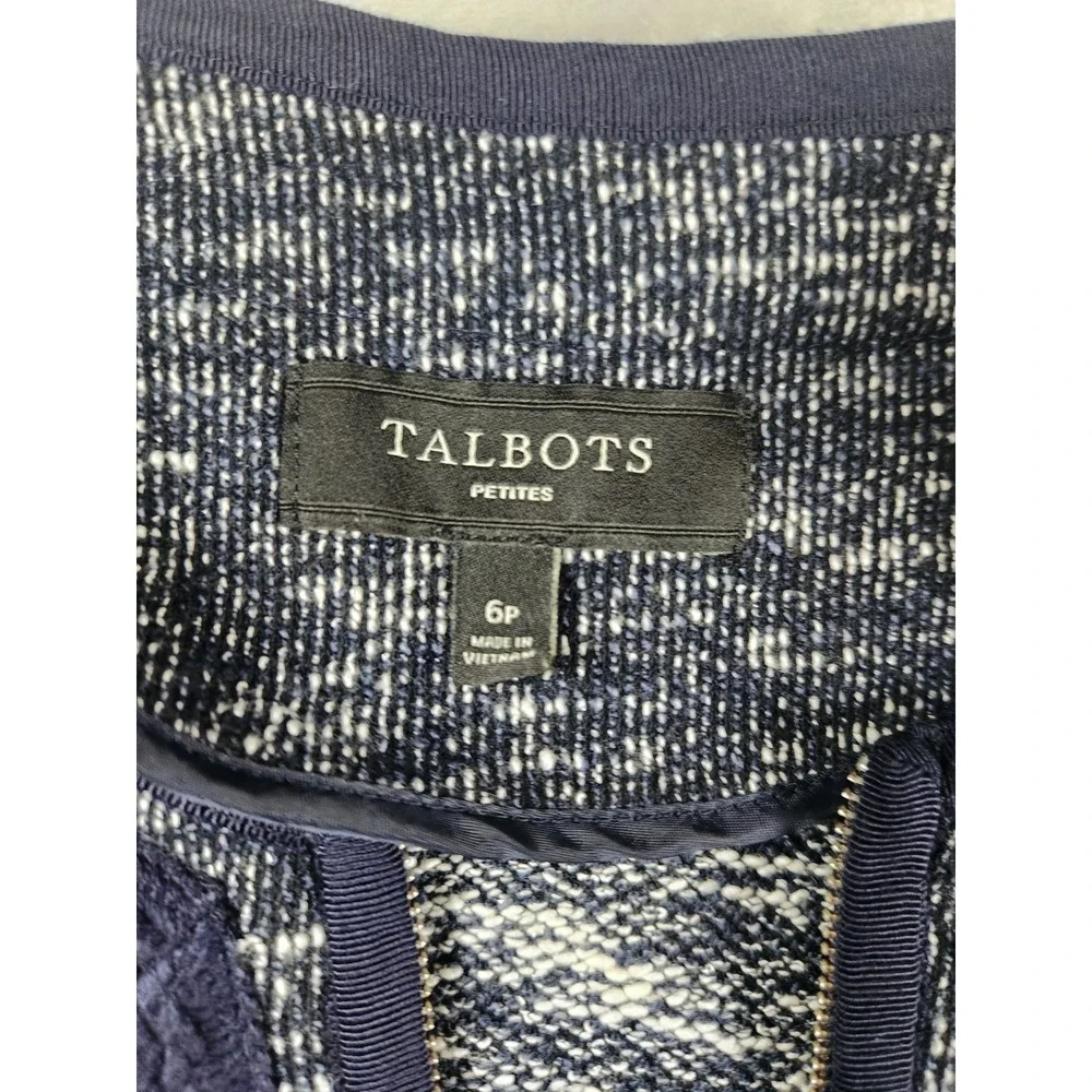 Talbots Women's Tweed Blazer Blue Trim Fitted Zipper Jacket Cotton Blend Size 6P